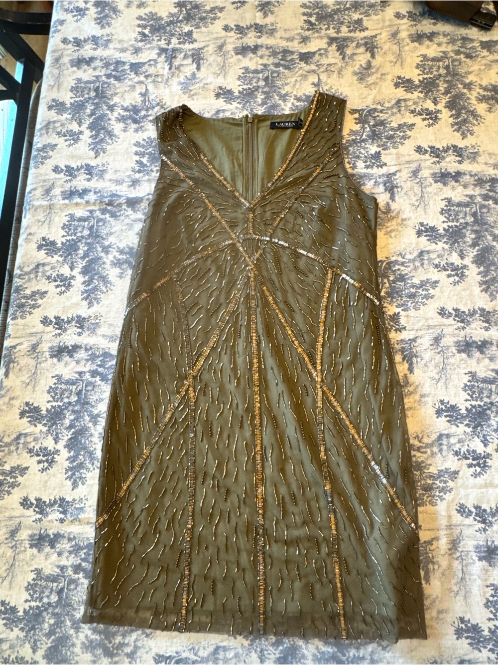 Ralph Lauren Olive Green Beaded Sleeveless Midi Dress